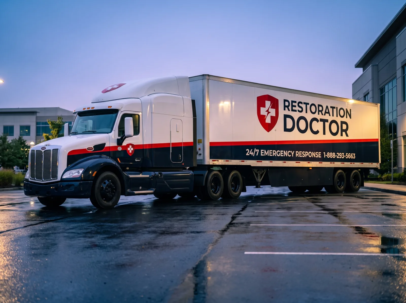 Restoration Doctor fleet rendering — a wrapped diesel tractor and 40-ft trailer for large-loss response (brand illustration, not a photograph).