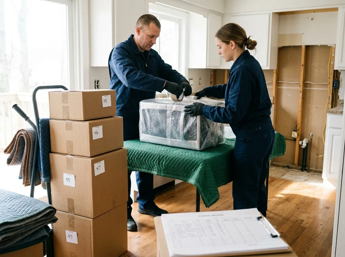 Restoration technicians wrapping and boxing household contents during a pack-out, with numbered inventory cartons and an inventory manifest on a clipboard.